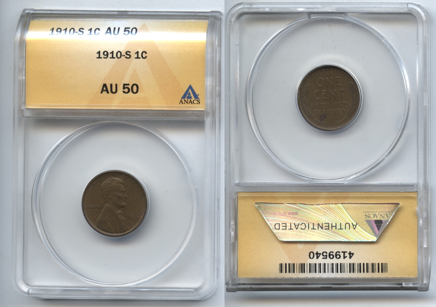 1910-S Lincoln Cent ANACS AU-50