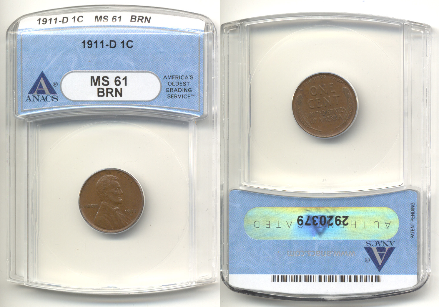 1911-D Lincoln Cent ANACS MS-61 Brown