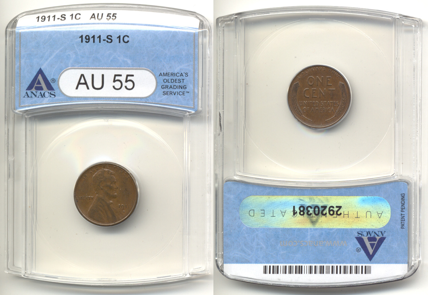 1911-S Lincoln Cent ANACS AU-55 a