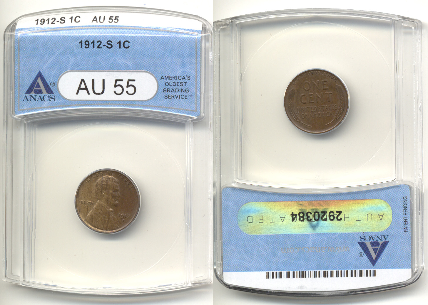 1912-S Lincoln Cent ANACS AU-55