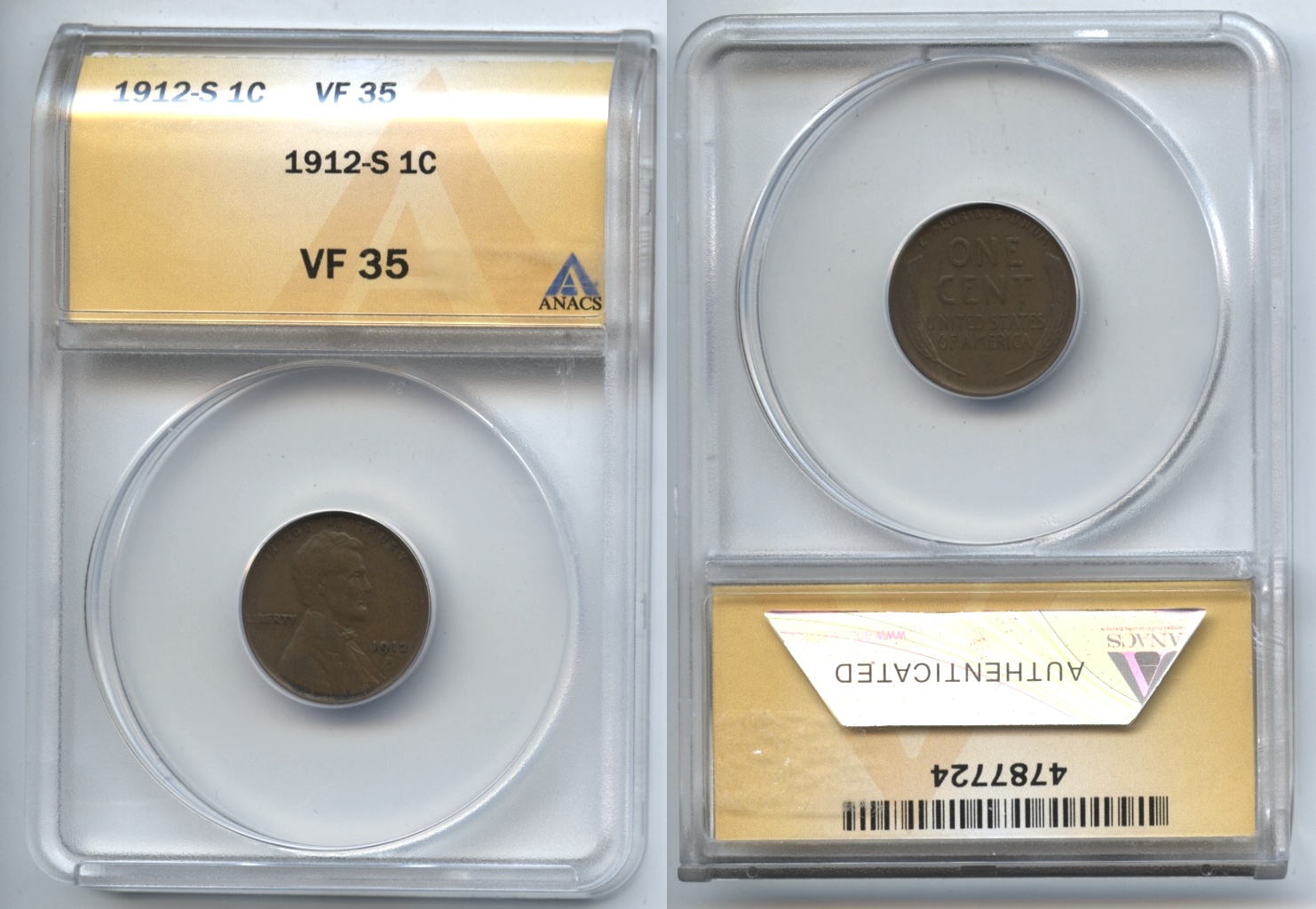 1912-S Lincoln Cent ANACS VF-35