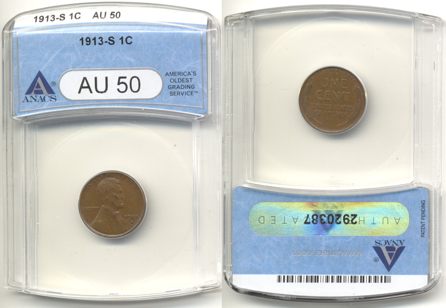 1913-S Lincoln Cent ANACS AU-50
