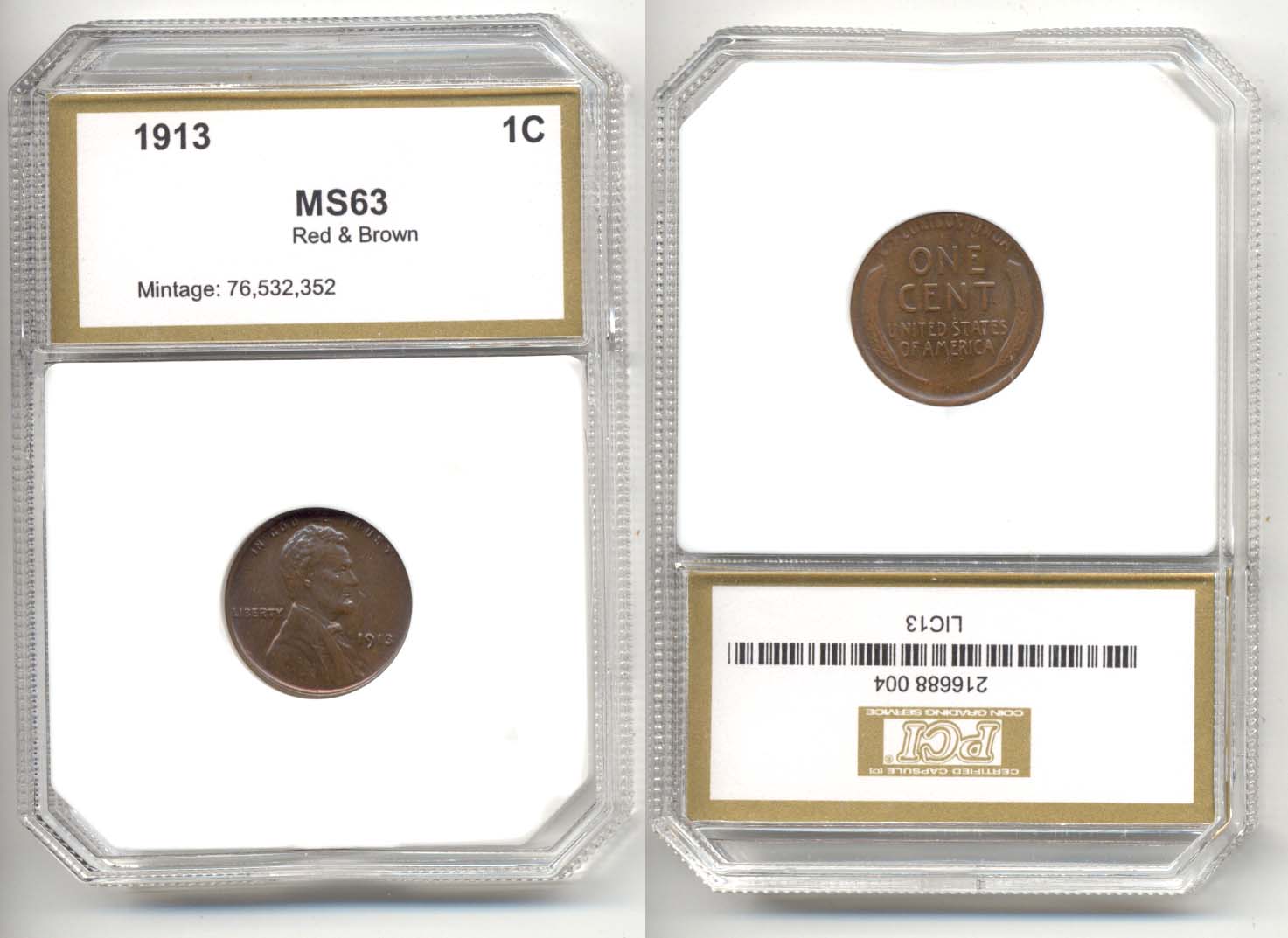 1913 Lincoln Cent PCI MS-63 Red Brown