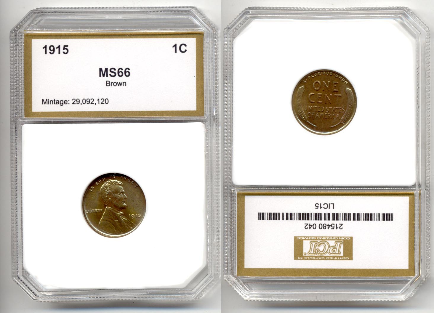 1915 Lincoln Cent PCI MS-66 Brown