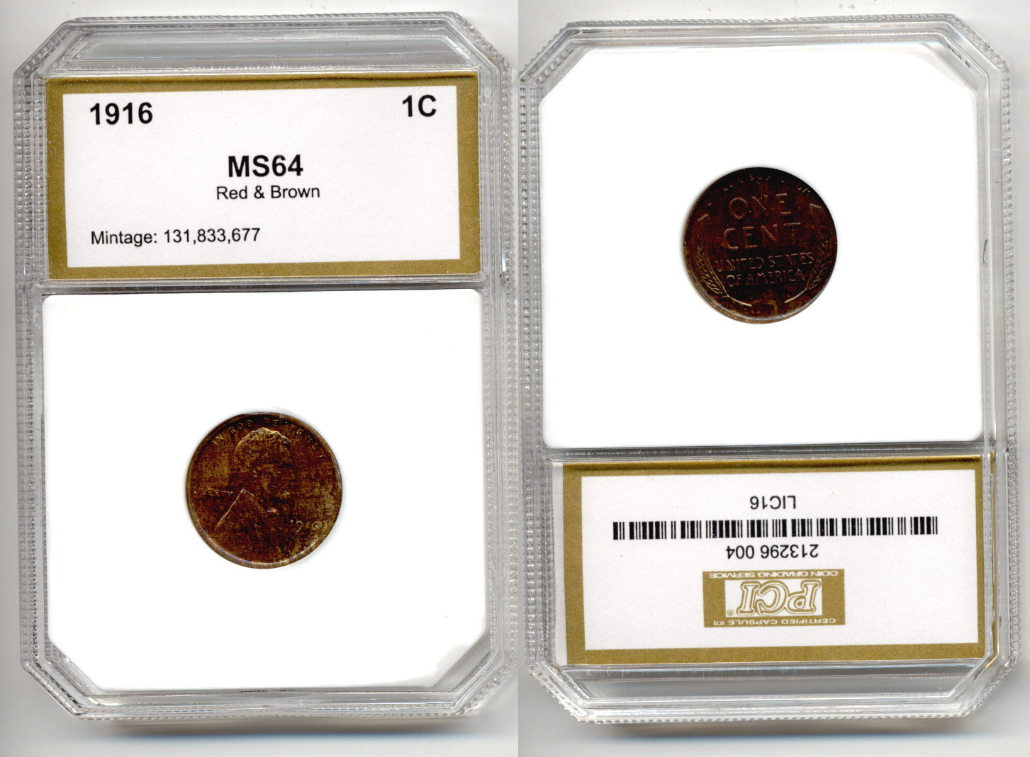 1916 Lincoln Cent in PCI MS-64 Red Brown