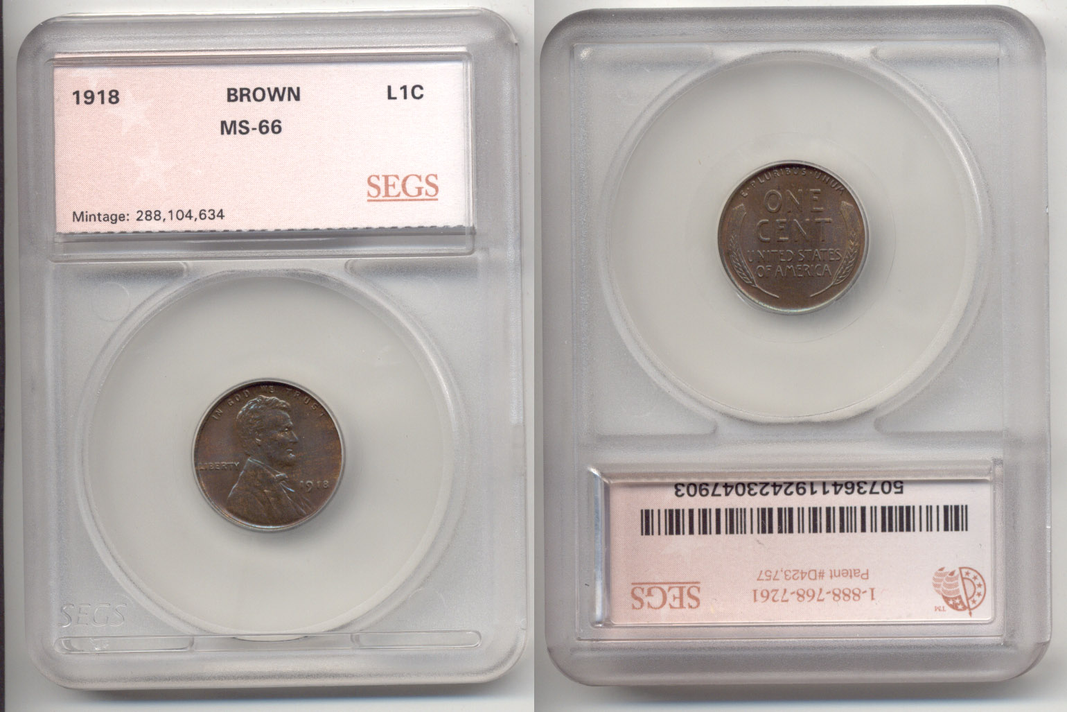1918 Lincoln Cent SEGS MS-66 Brown