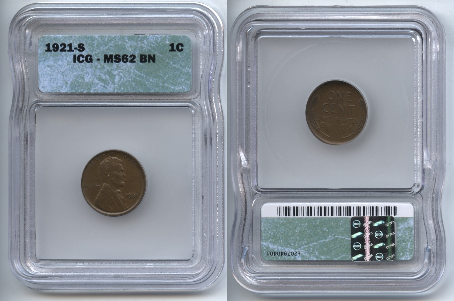 1921-S Lincoln Cent ICG MS-62 Brown