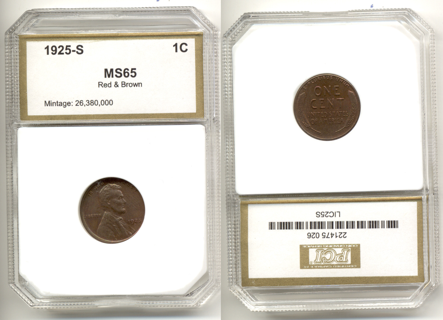 1925-S Lincoln Cent PCI MS-65 Red Brown