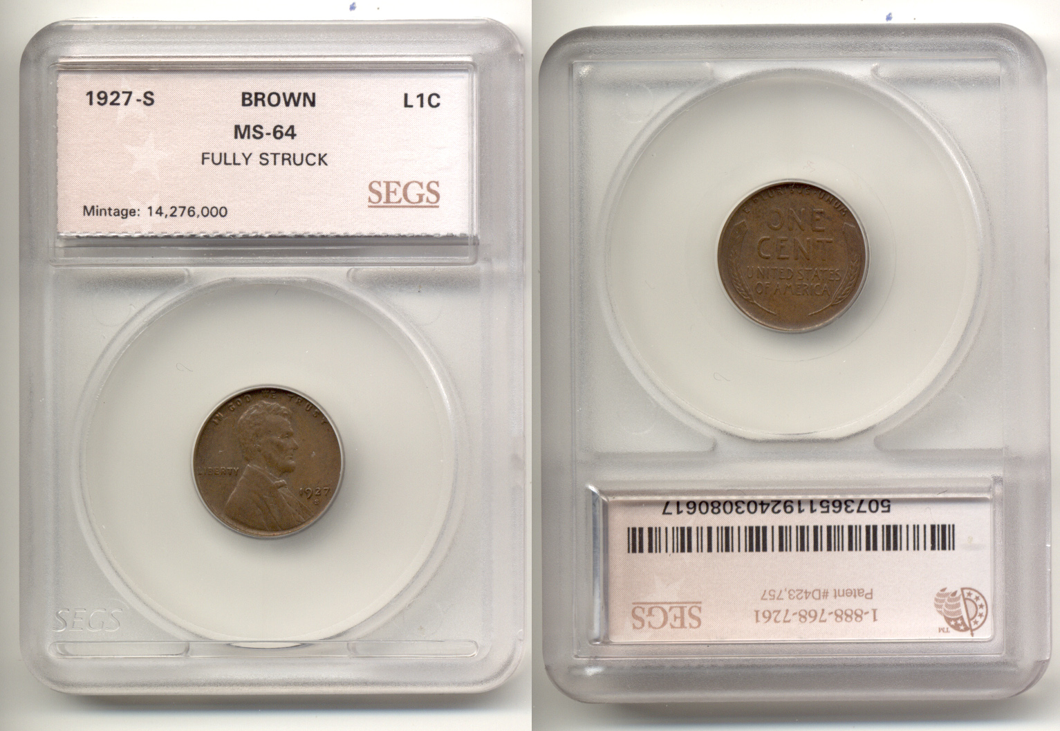 1927-S Lincoln Cent SEGS MS-64 Brown Fully Struck