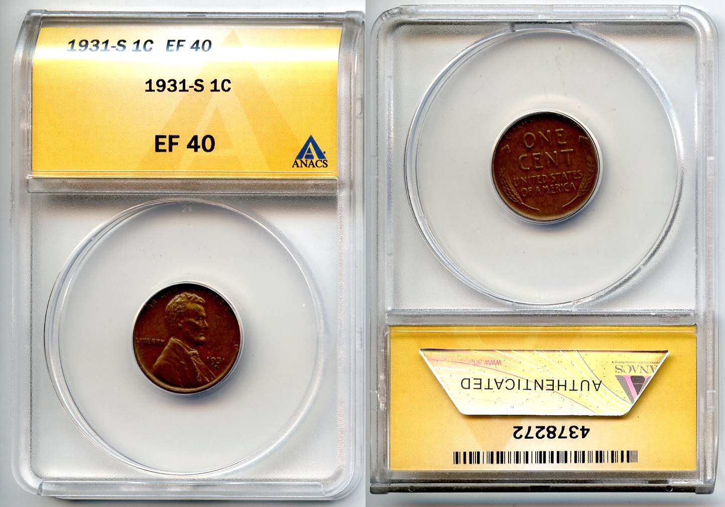 1931-S Lincoln Cent ANACS EF-40