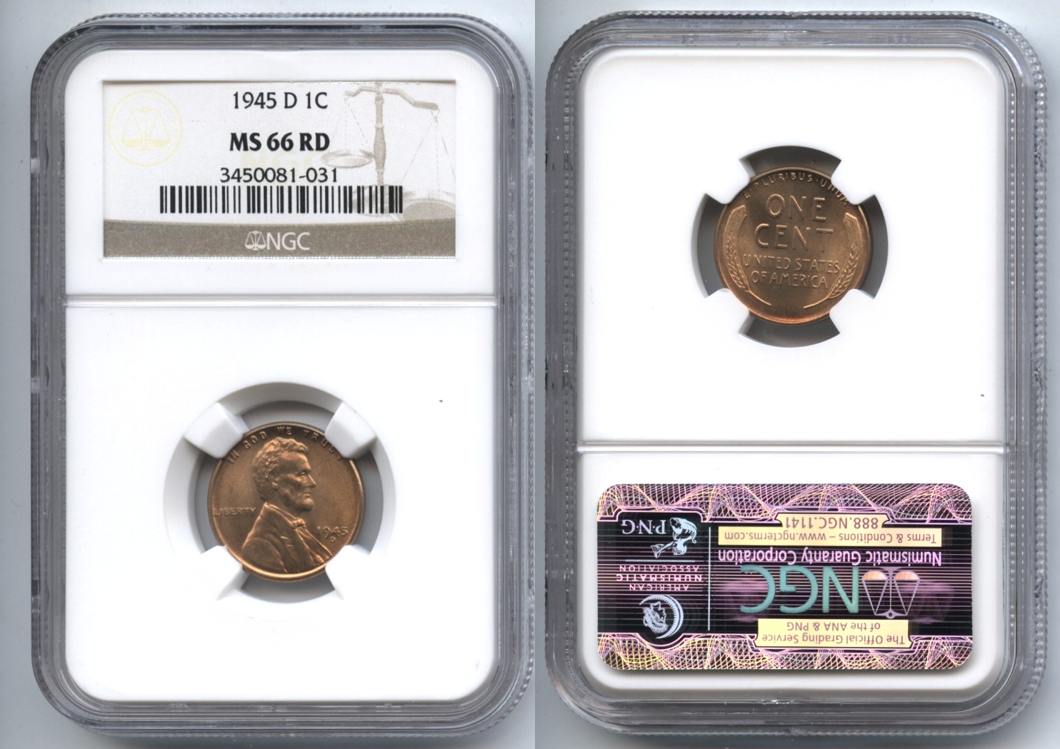 1945-D Lincoln Cent NGC MS-66 Red #b