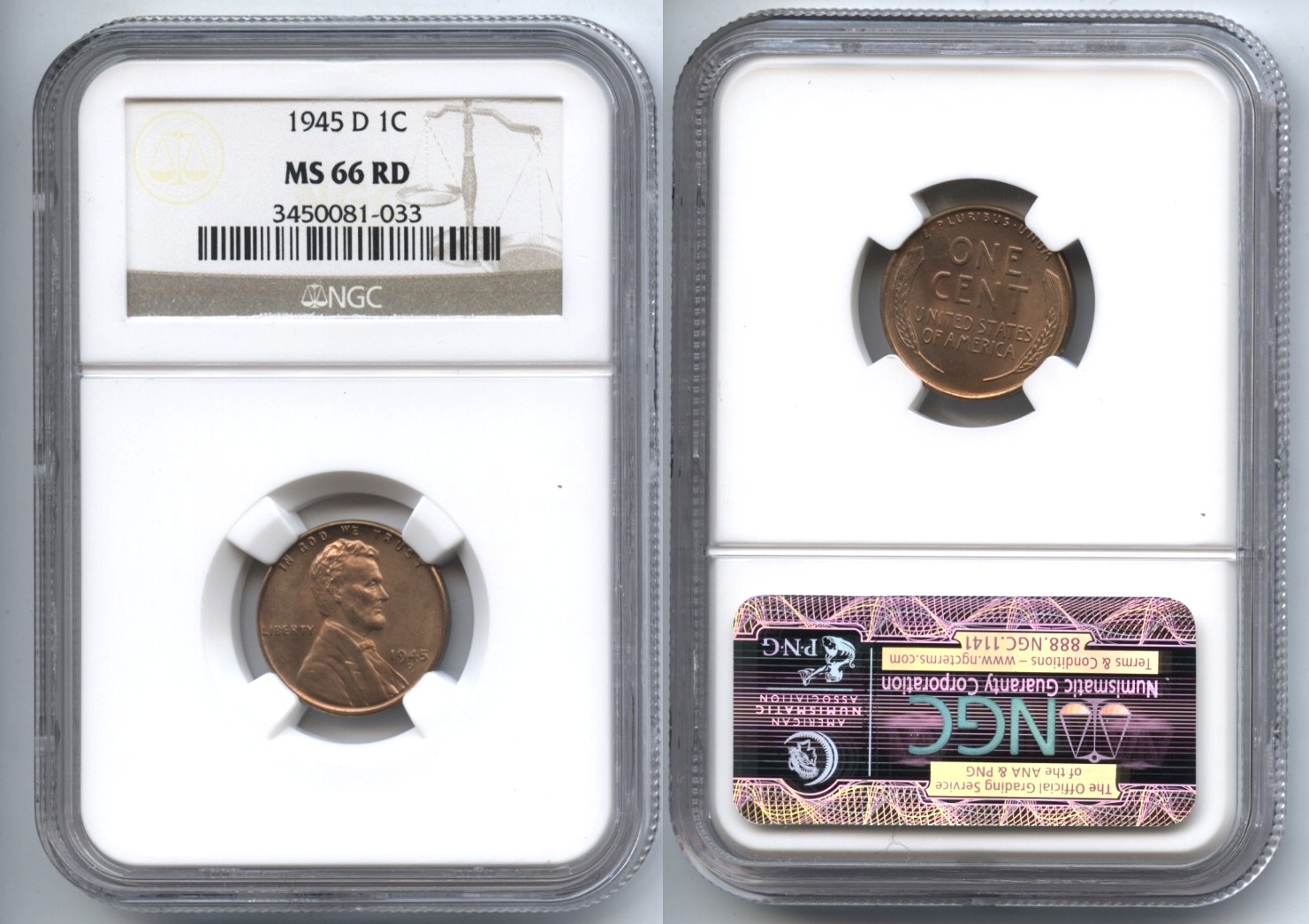 1945-D Lincoln Cent NGC MS-66 Red #e
