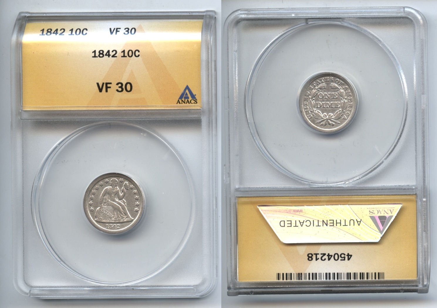 1842 Seated Liberty Dime ANACS VF-30