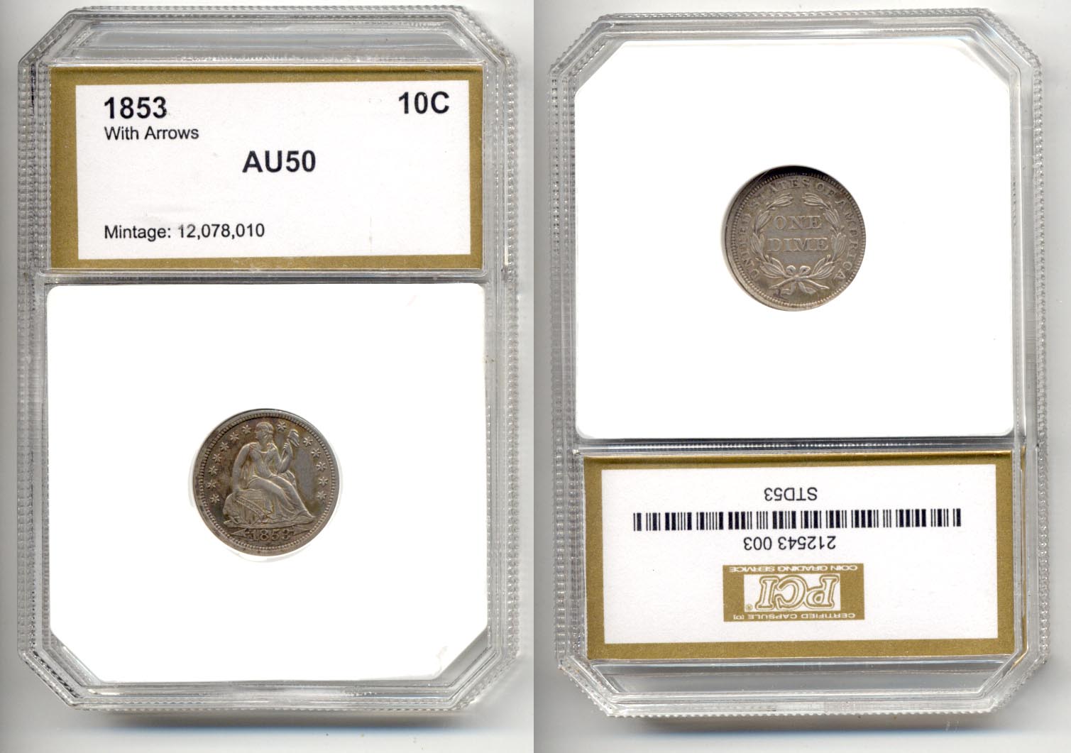 1853 Seated Liberty Dime PCI AU-50