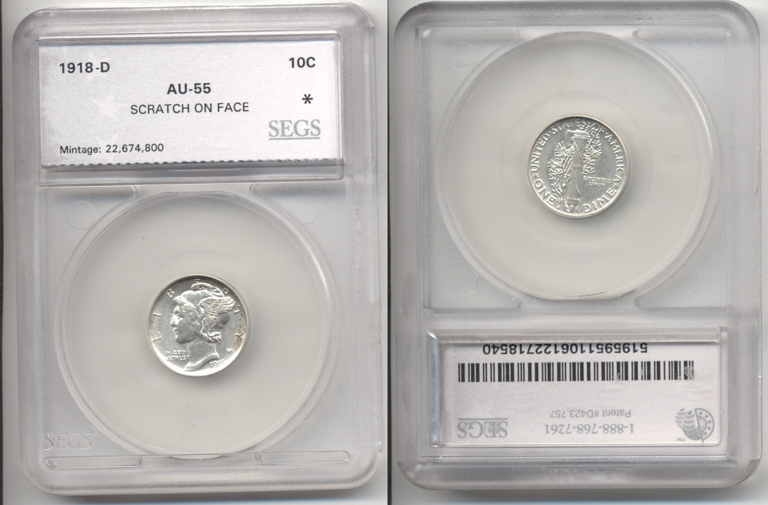 1918-D Mercury Dime SEGS AU-55 Scratch