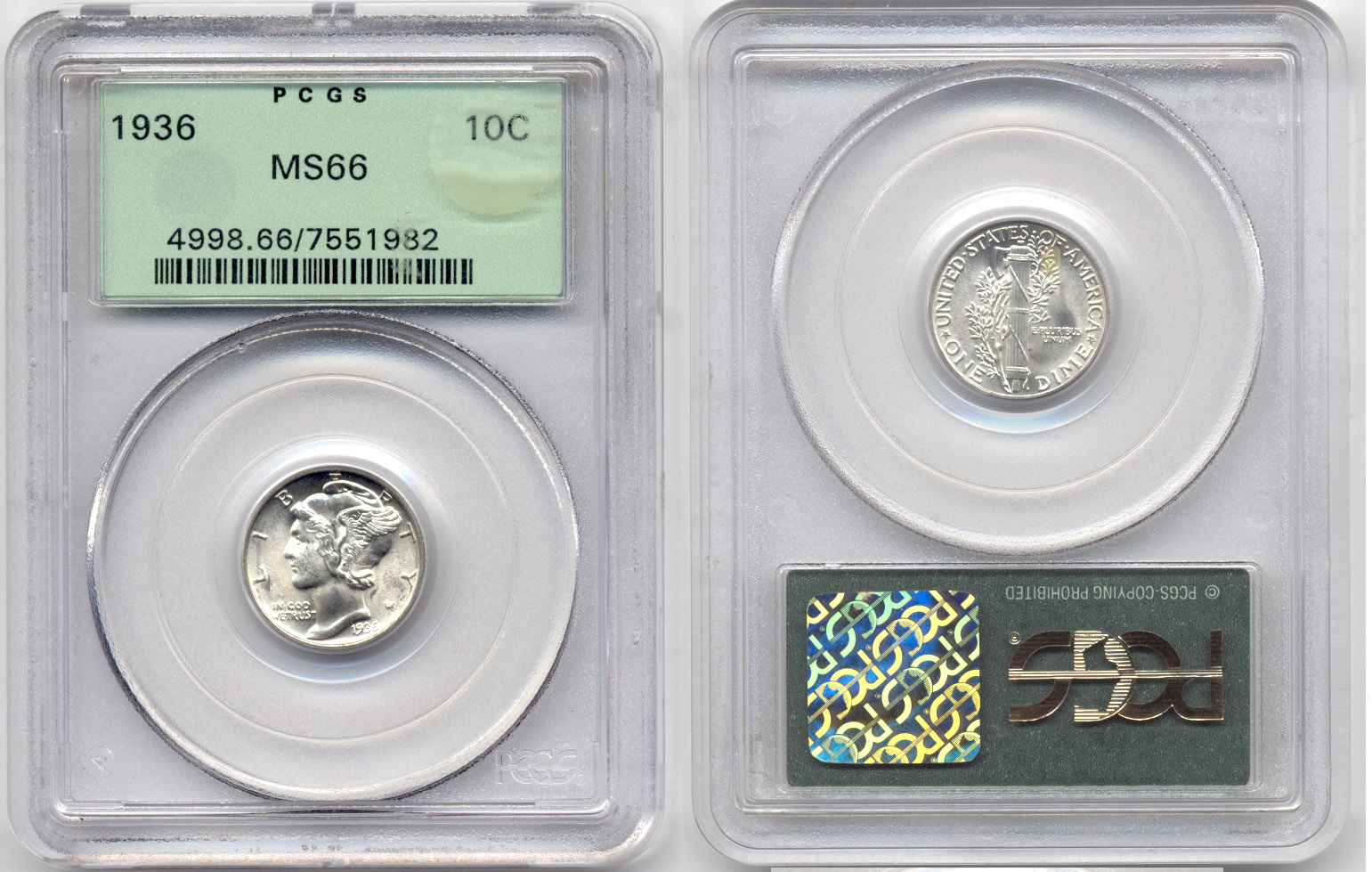 1936 Mercury Dime PCGS MS-66