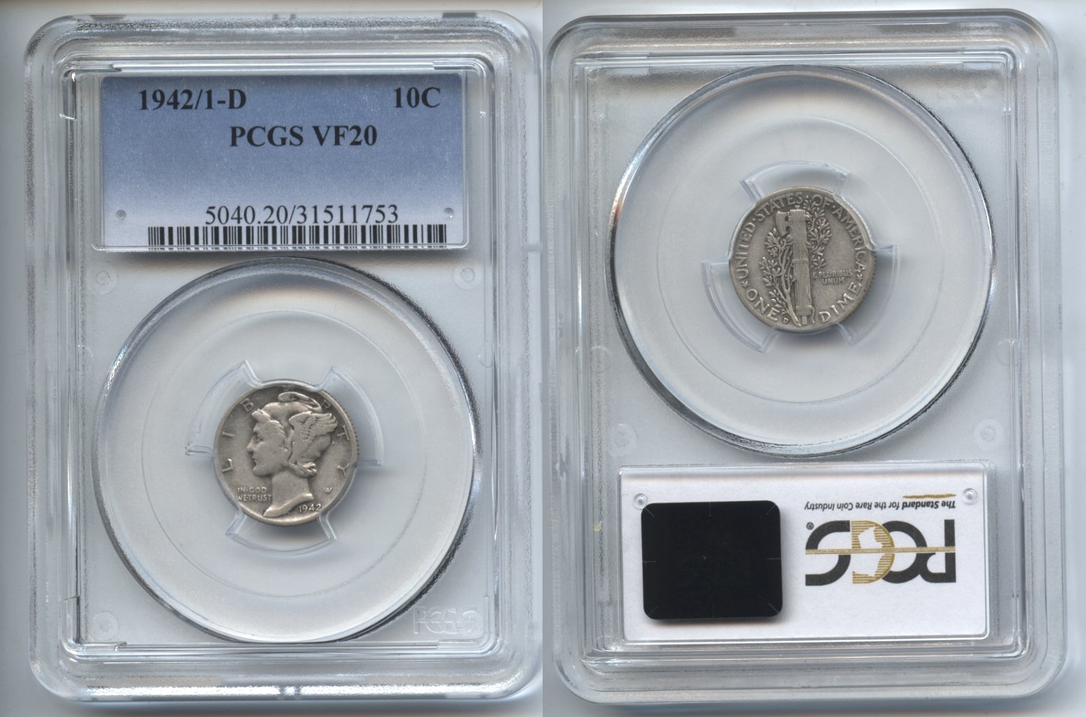 1942-D 2 over 1 Mercury Dime PCGS VF-20