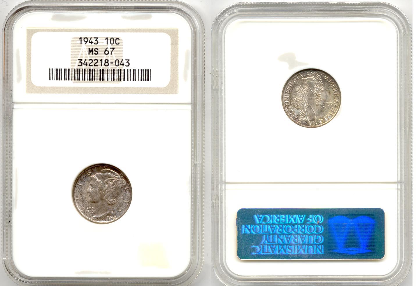 1943 Mercury Dime NGC MS-67 a