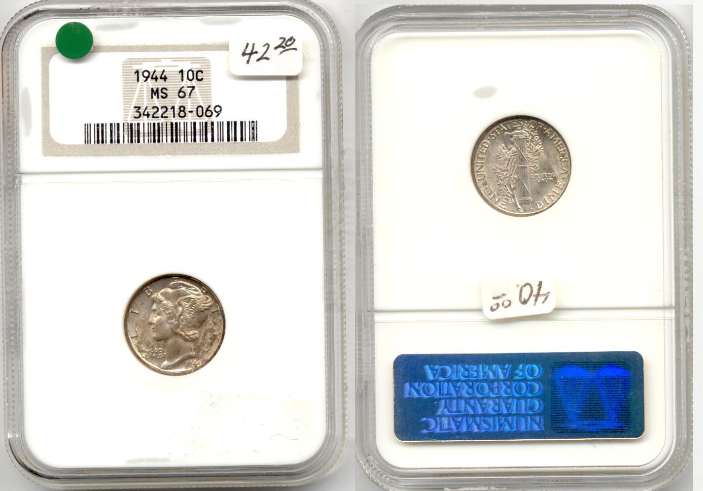 1944 Mercury Dime NGC MS-67
