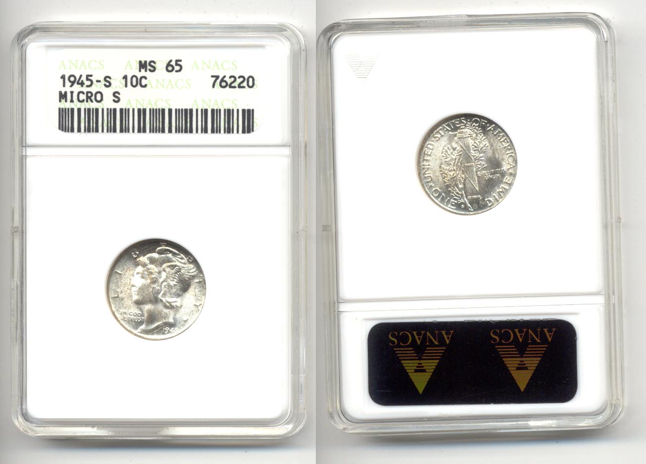 1945-S Micro S Mercury Dime ANACS MS-65