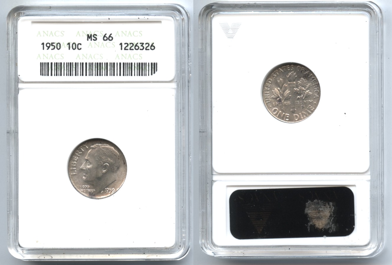 1950 Roosevelt Dime ANACS MS-66
