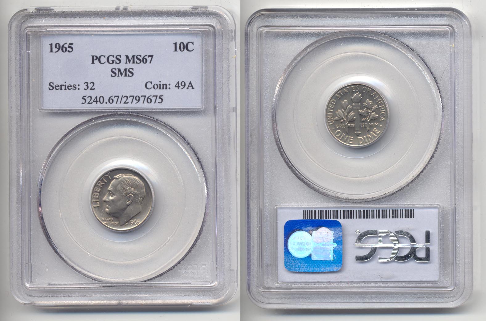 1965 Roosevelt Dime PCGS SMS-67