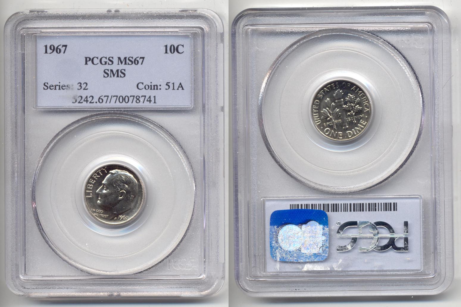 1967 Roosevelt Dime PCGS SMS-67