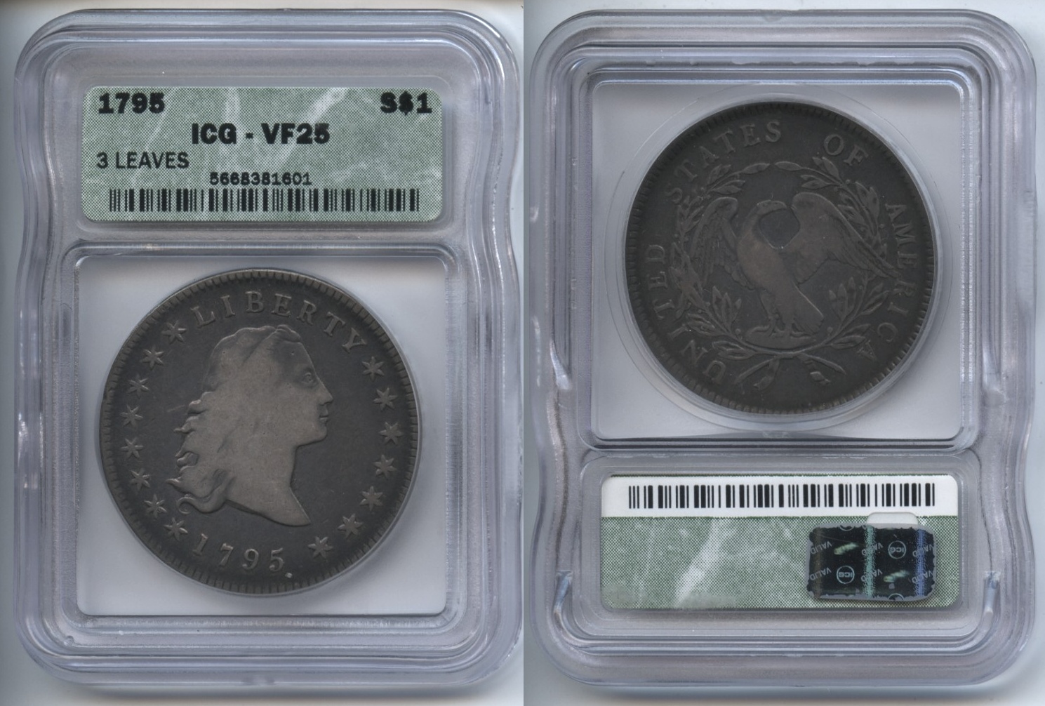 1795 3 Leaves Flowing Hair Silver Dollar ICG VF-25 BB-27 Bolender-5