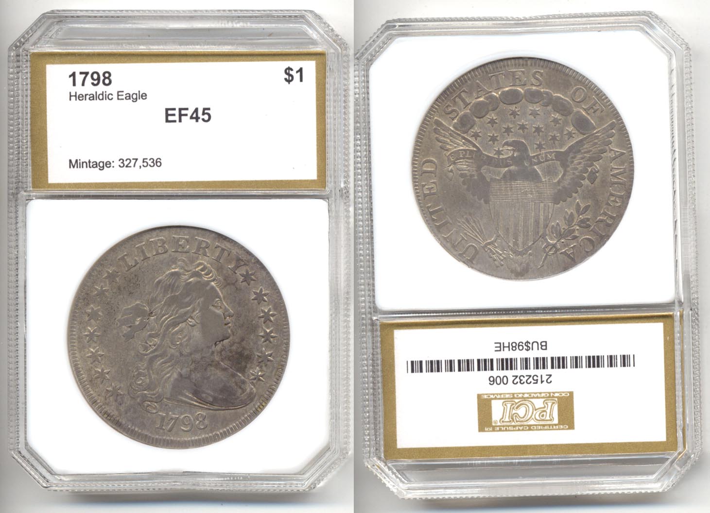 1798 Draped Bust Large Eagle Silver Dollar PCI EF-45