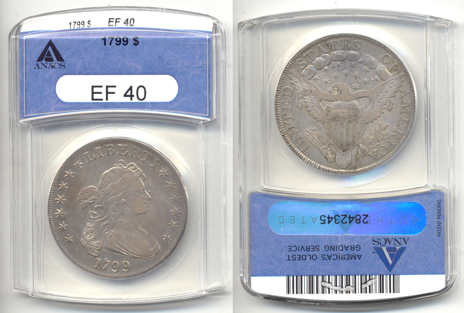 1799 Draped Bust Large Eagle Silver Dollar ANACS EF-40