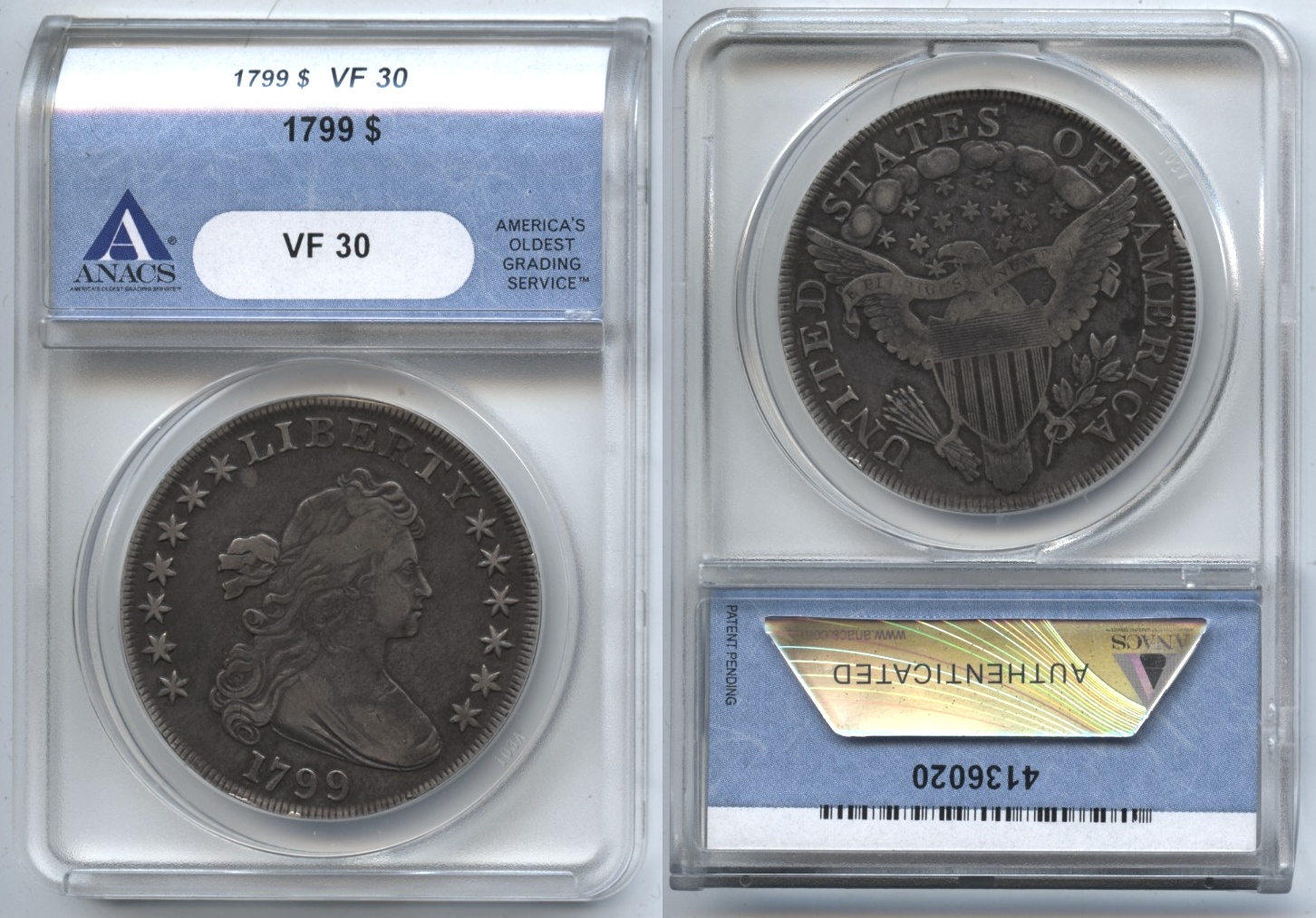 1799 Draped Bust Large Eagle Silver Dollar ANACS VF-30