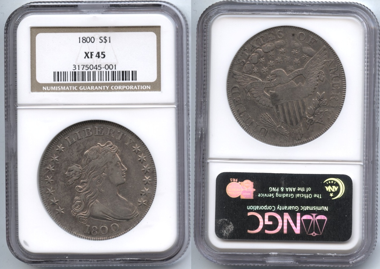 1800 Draped Bust Large Eagle Silver Dollar NGC EF-45