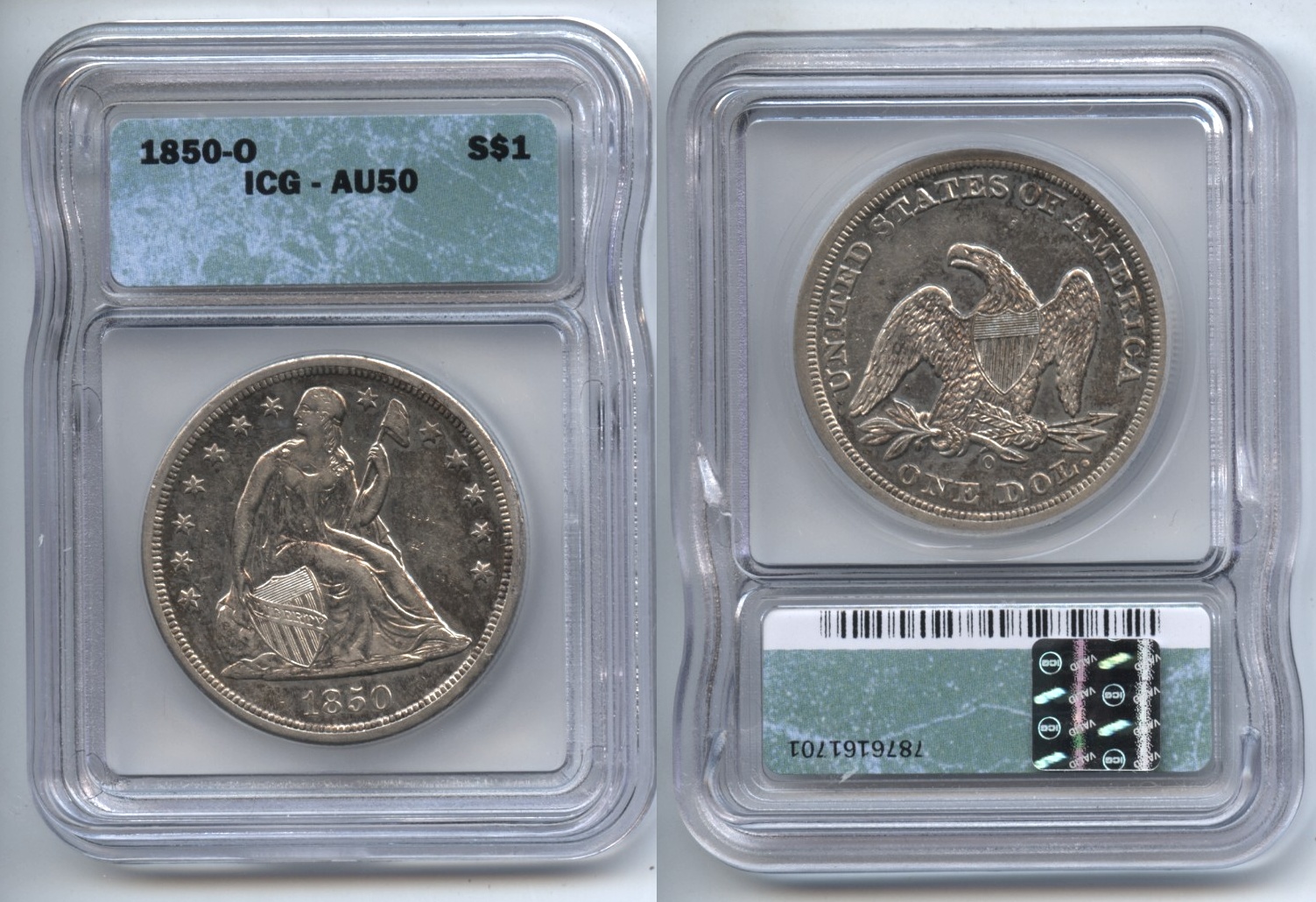 1850-O Seated Liberty Silver Dollar ICG AU-50