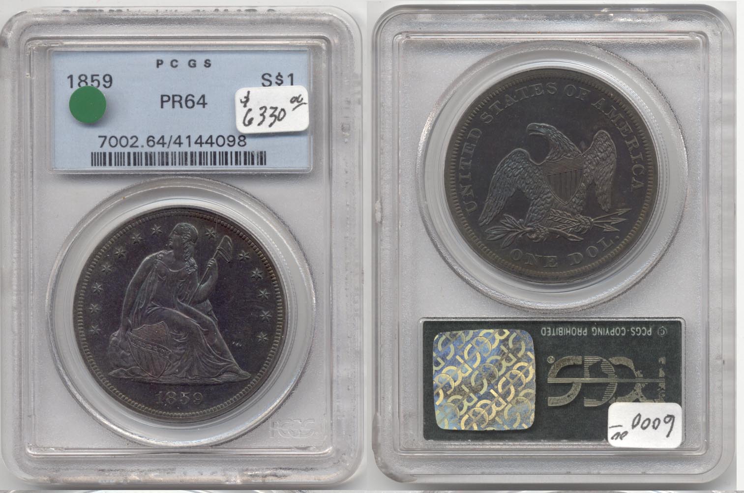 1859 Seated Liberty Silver Dollar PCGS Proof-64