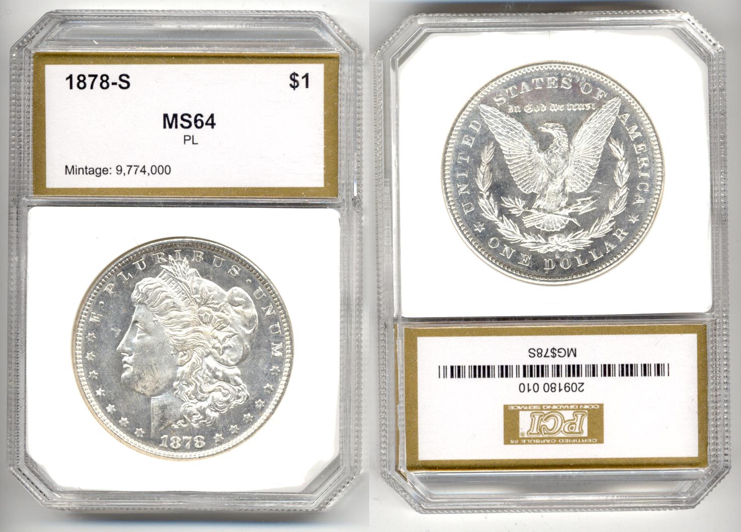 1878-S Morgan Silver Dollar PCI MS-64 Prooflike
