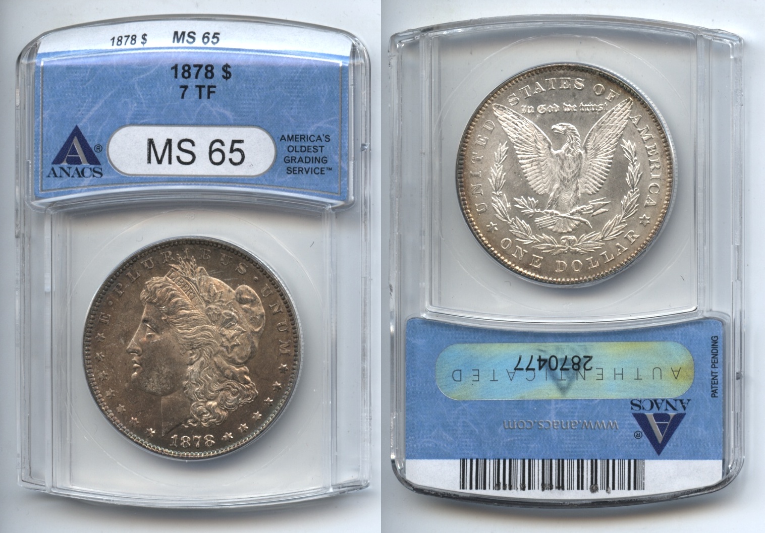 1878 7 Tailfeathers Morgan Silver Dollar ANACS MS-65