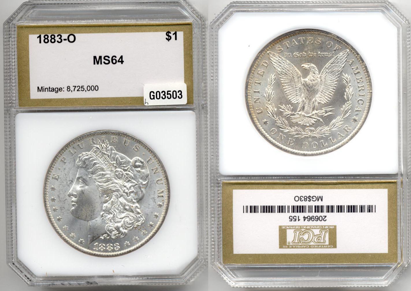 1883-O Morgan Silver Dollar PCI MS-64 h
