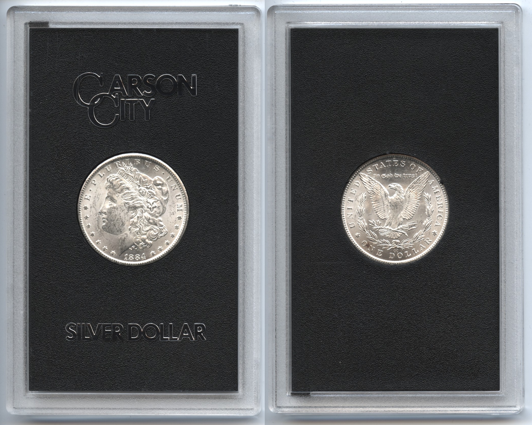 1884-CC Morgan Silver Dollar GSA Holder MS-60 #a VAM-4B Spiked date, Die Break E