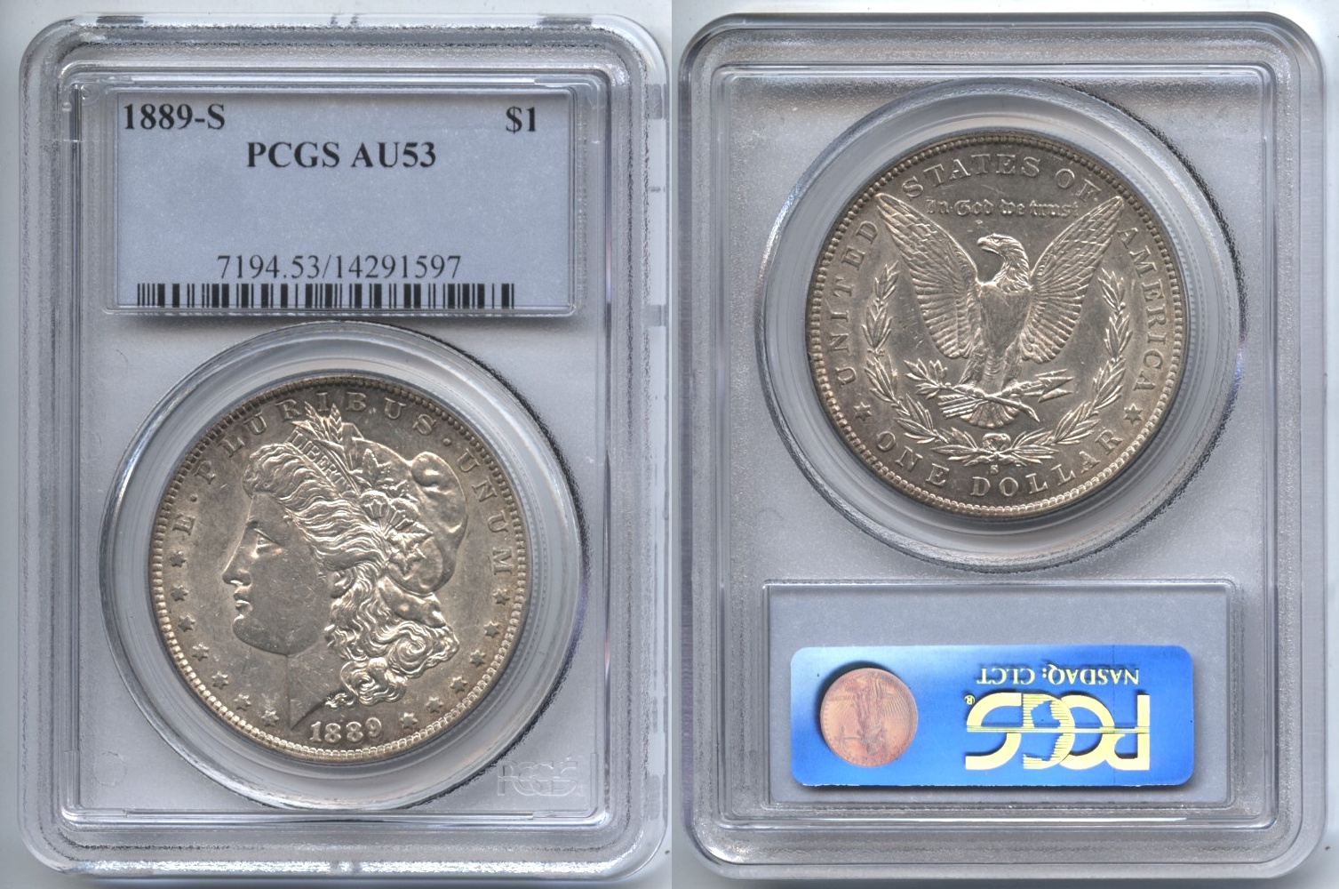 1889-S Morgan Silver Dollar PCGS AU-53 VAM-9, Far Slanted Date