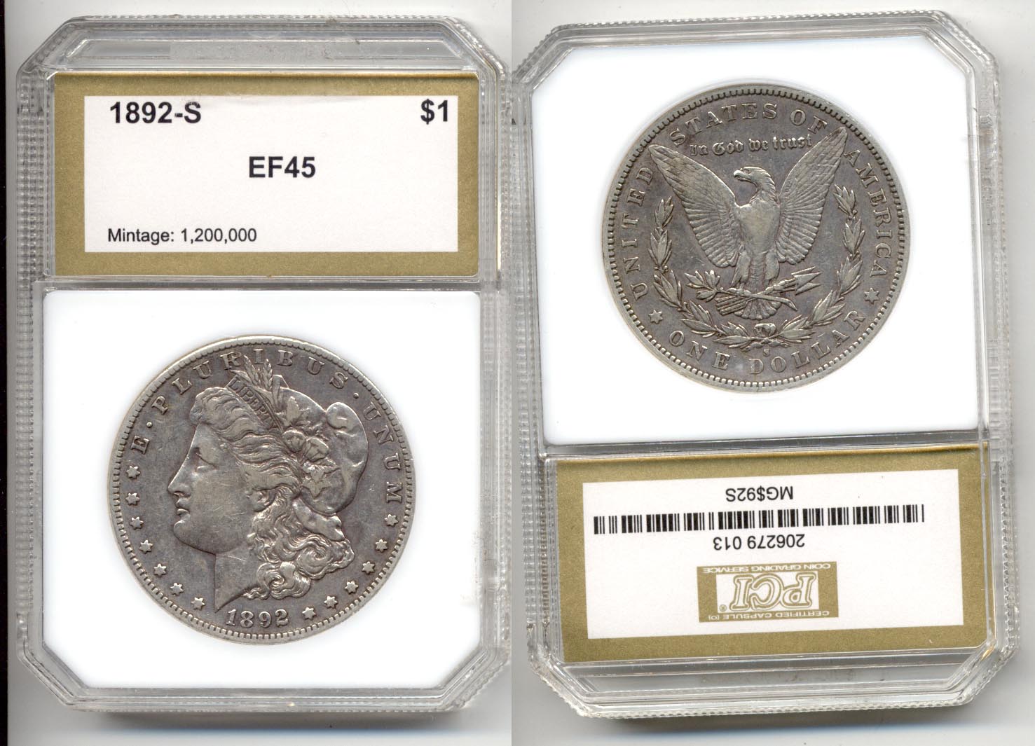 1892-S Morgan Silver Dollar PCI EF-45