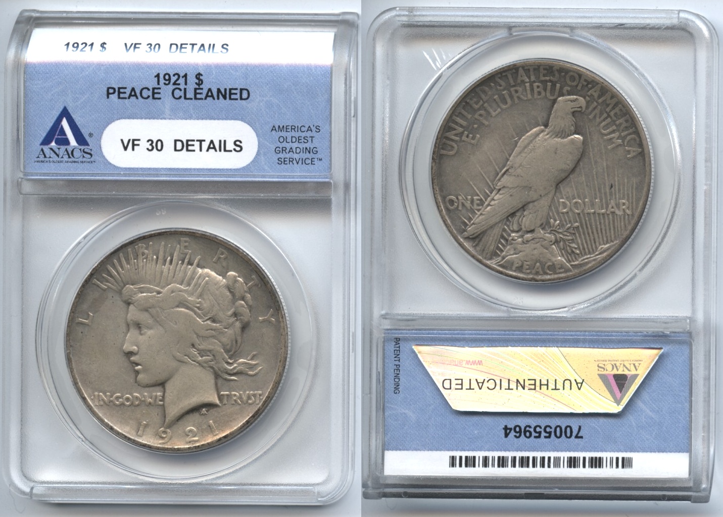 1921 Peace Silver Dollar ANACS VF-30 Details Cleaned