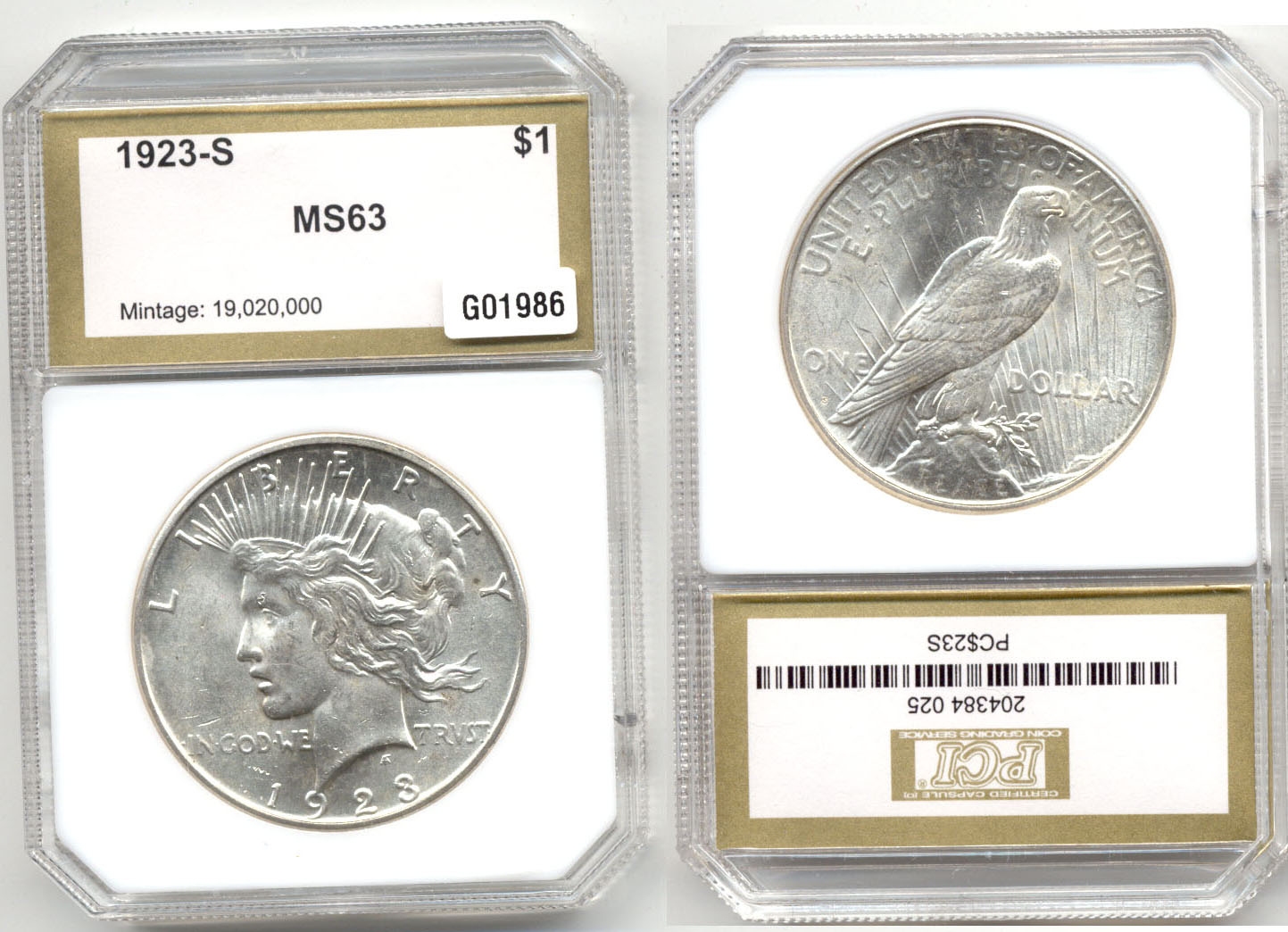 1923-S Peace Silver Dollar PCI MS-63