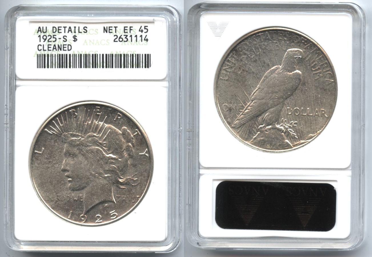 1925-S Peace Silver Dollar ANACS AU Details Net EF-45