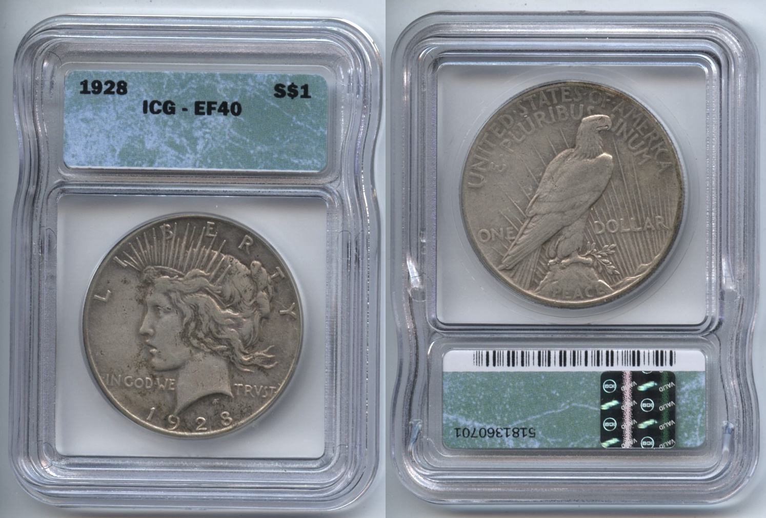 1928 Peace Silver Dollar ICG EF-40