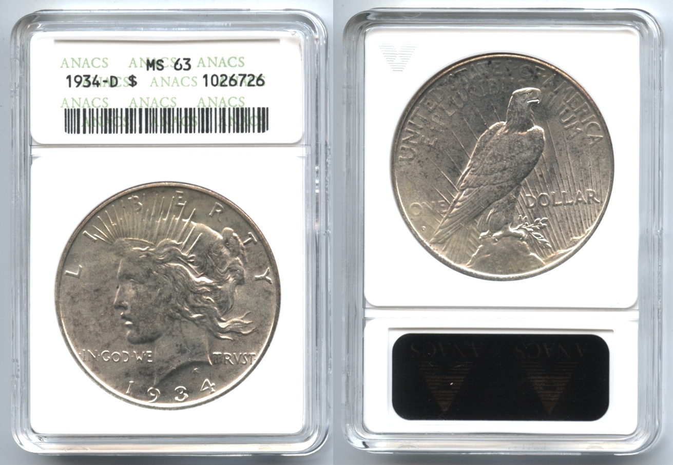1934-D Peace Silver Dollar ANACS MS-63