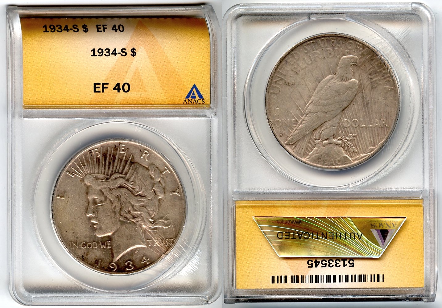 1934-S Peace Silver Dollar ANACS EF-40