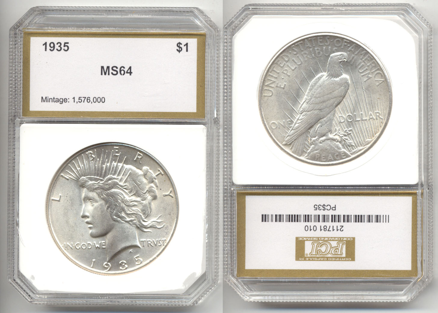 1935 Peace Silver Dollar in PCI MS-64