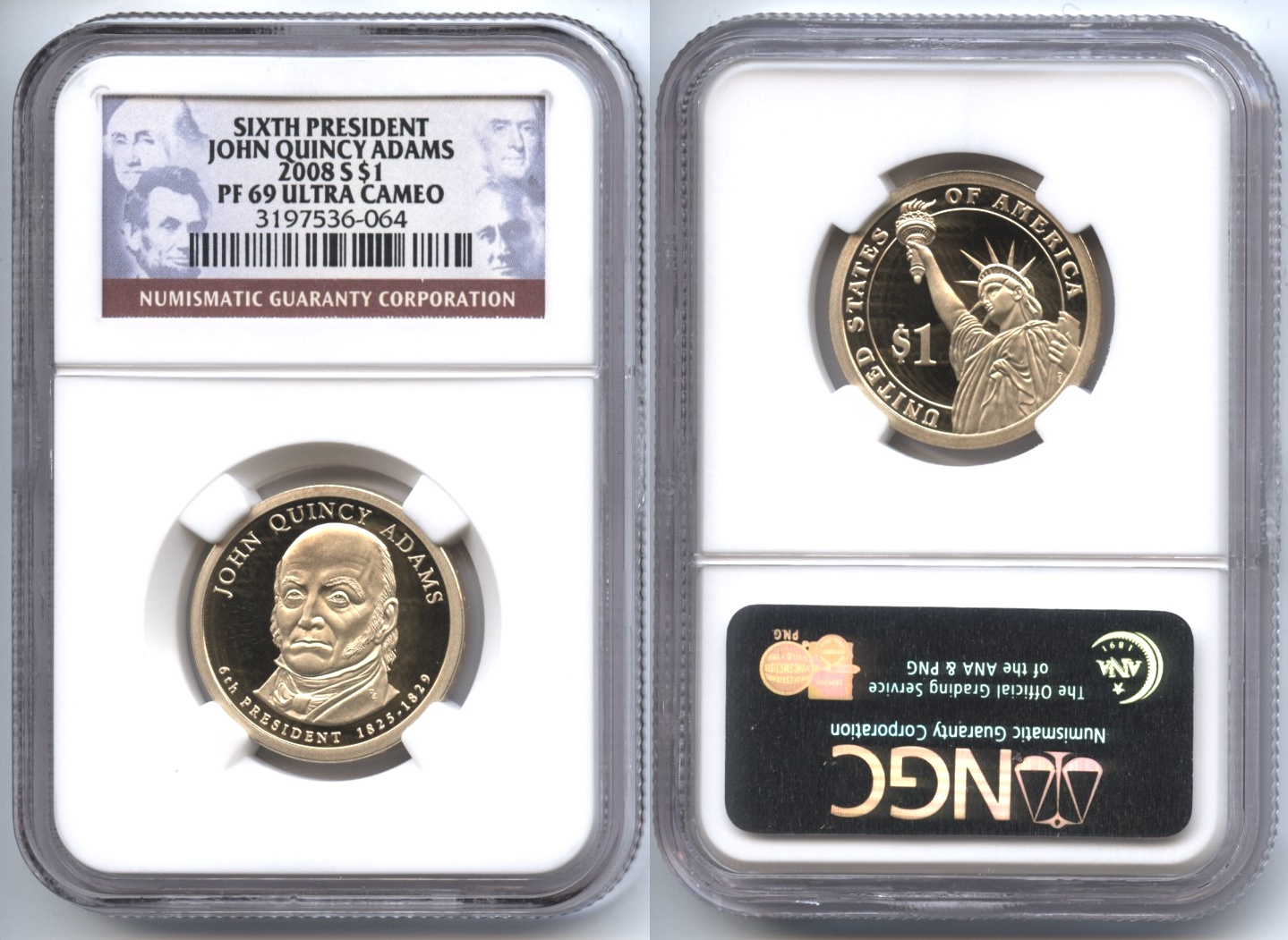 2008-S John Quincy Adams Presidential Dollar NGC Proof-69 Ultra Cameo