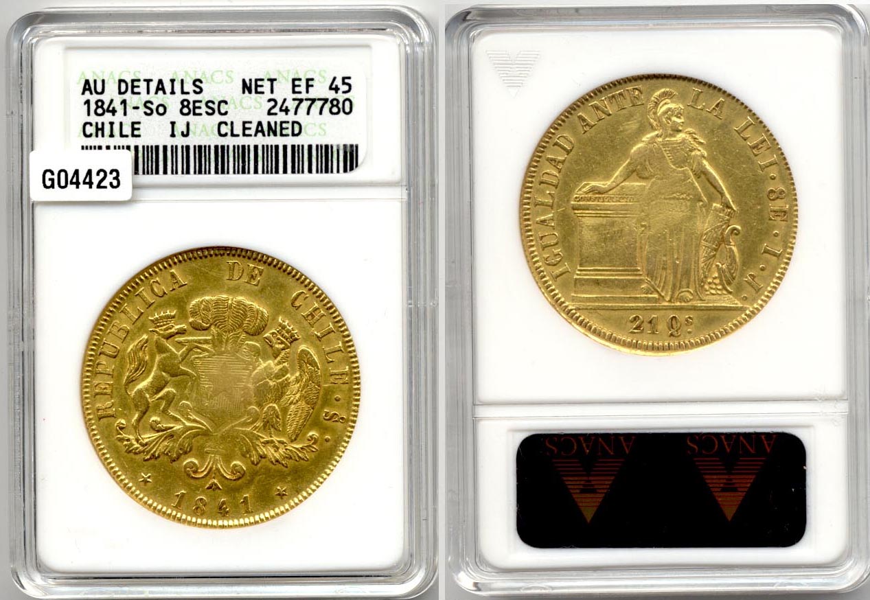 1841-SO Chile 8 Escudos ANACS EF-45