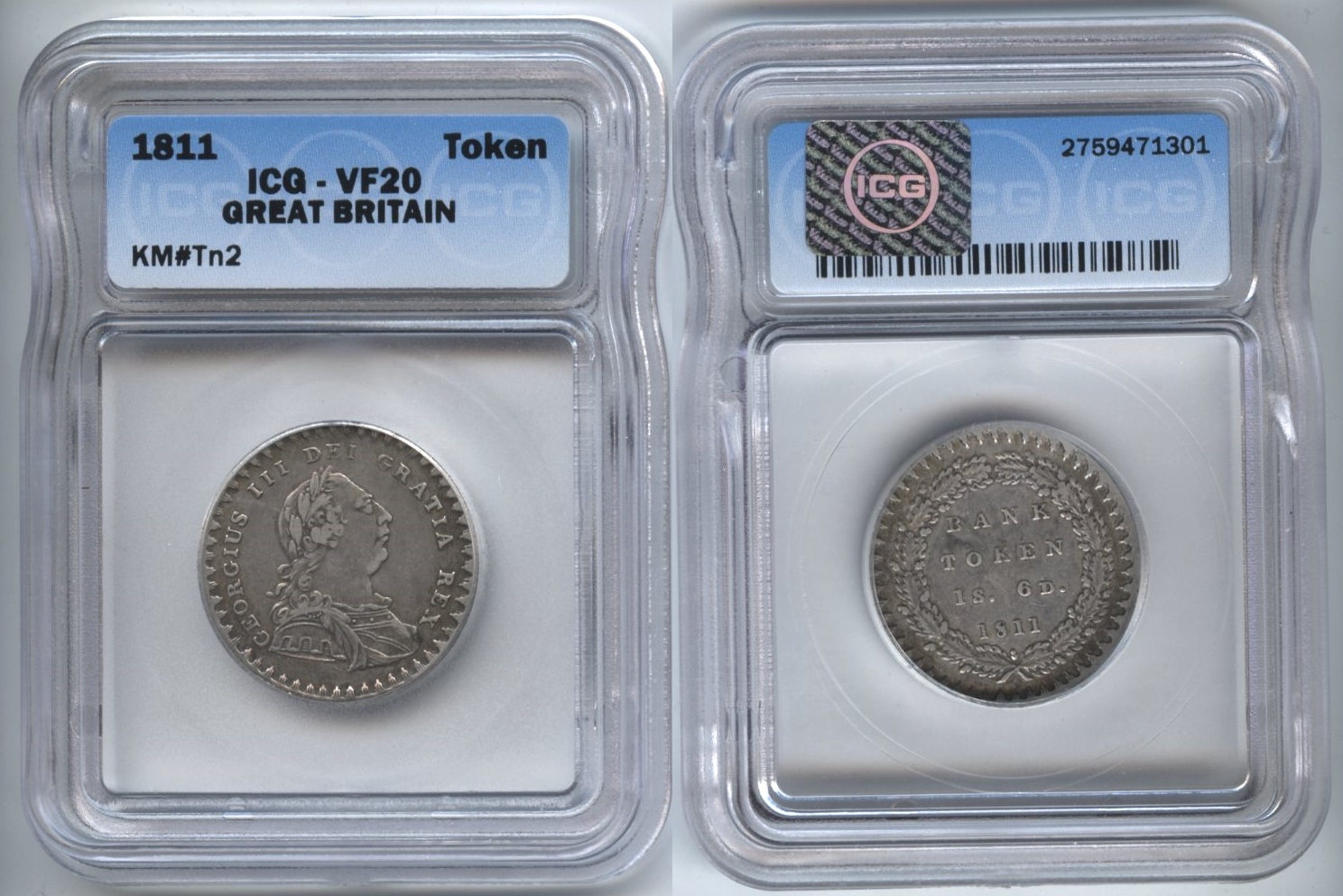 1811 Great Britain Bank Token 1 Shilling 6 Pence ICG VF-20